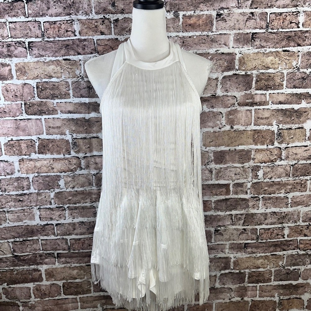 White Fringe Halter‎ Romper Sleeveless Party Cocktail Club Dance Flapper Size L